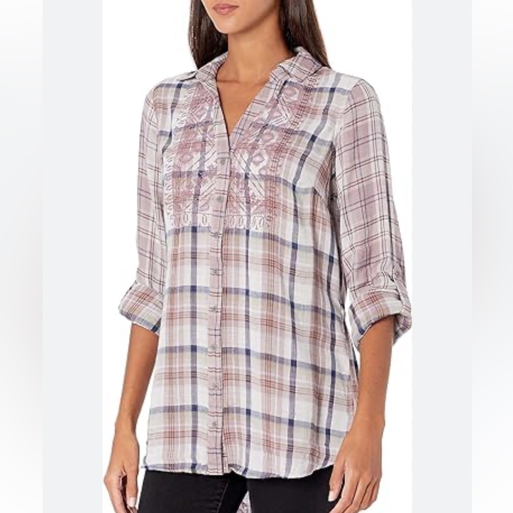 Vintage America Embroidered Plaid Long Sleeved Longer Button-Down Shirt Size XL